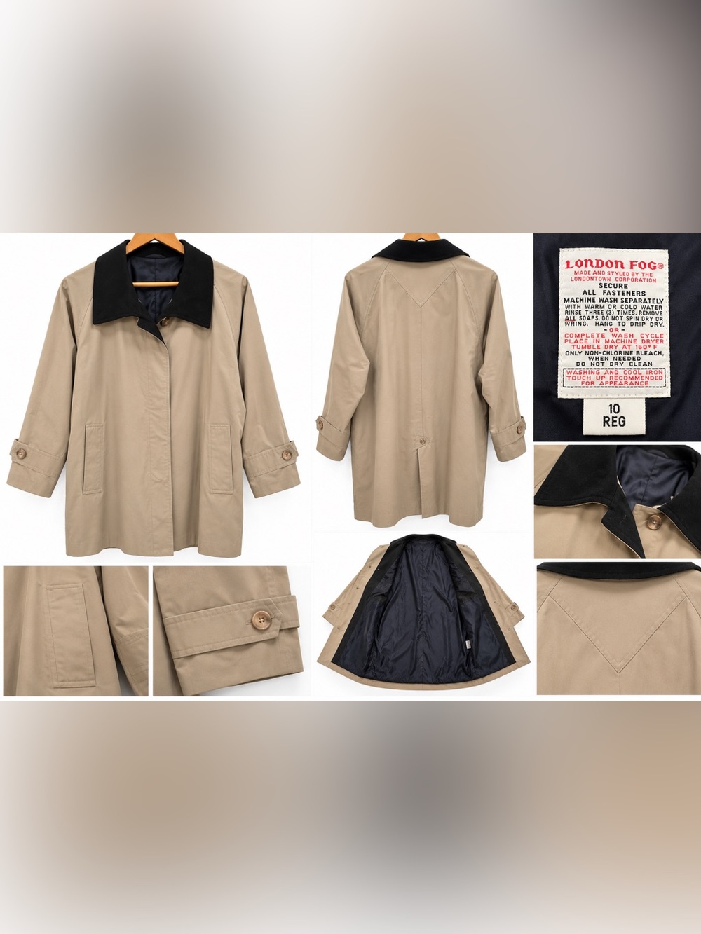 Vintage London Fog Tan Trench Rain Coat Black Collar Women’s Size 10 Reg